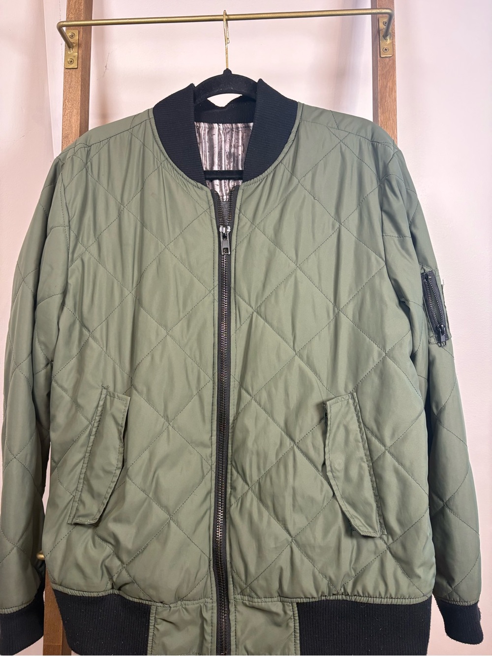 Quilted Bomber Jacket in Olive Green with Black Trim